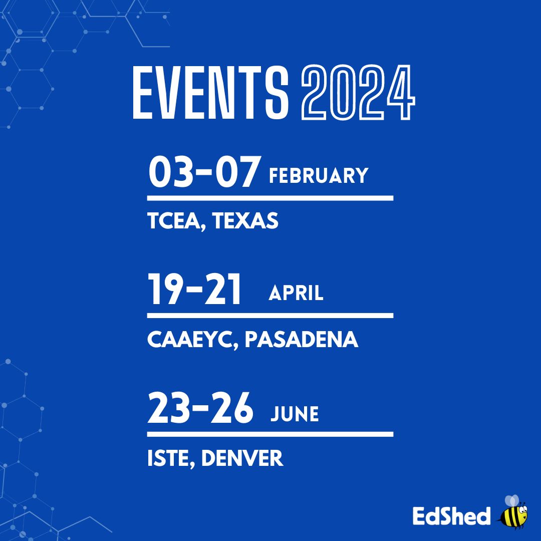EdShedUS's tweet image. 🥳🙌 We are extremely excited to announce our 2024 Event Schedule. 

🎉 We can&apos;t wait to see you at #TCEA Booth 2622, #CAAEYC and #ISTE  

🐝 If you are attending any of these events and would like to find out more about our products, book a meeting by emailing support@edshed.com