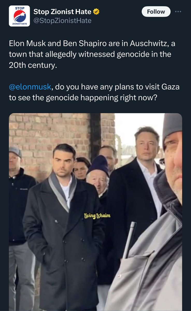bro said allegedly to the holocaust. there is no faster way to prove you care more about hating jews instead of protecting palestinians than doing shit like this. 

also fuck ben shapiro and elon their contribution to modern fascism is notable.