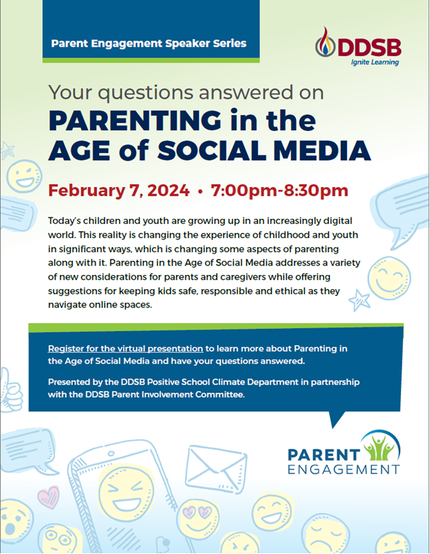 Positive School Climates DDSB (@positiveddsb) on Twitter photo PARENTING in the AGE of SOCIAL MEDIA <a href="/DDSBSchools/">Durham District School Board (DDSB)</a>
February 7, 2024 • 7:00pm-8:30pm
Register for the virtual presentation : ddsb.zoom.us/webinar/regist… PARENTING in the AGE of SOCIAL MEDIA <a href="/DDSBSchools/">Durham District School Board (DDSB)</a>
February 7, 2024 • 7:00pm-8:30pm
Register for the virtual presentation : ddsb.zoom.us/webinar/regist…