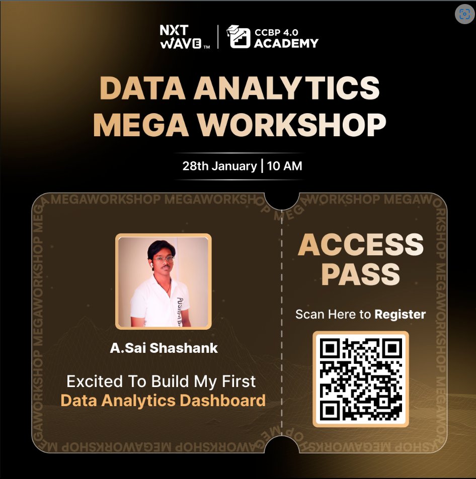 AllampallySais2's tweet photo. nxt wave DATA ANALYTICS MEGA WORKSHOP entry pass on 28th jan
#JavaScript #NxtWave #techprojects
#opportunities #hashtag #growthmindset #hashtag #newbeginnings #coding #pythonprogramming
#linkedin #ccbp #ccbpian #ccbp4 #nxtwave #google #microsoft #tesla #wipro #jaihind #india https://t.co/SKTKxpHfnx