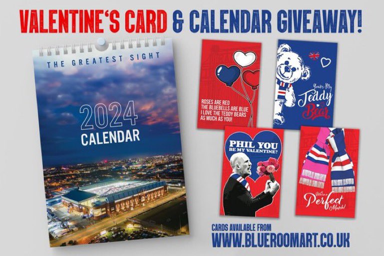 🇬🇧 VALENTINES GIVEAWAY 💙

⚽️ If #RANGERSFC win vs Hibs on Wednesday we’ll giveaway this 2024 Calendar and Valentines Card of your choice from blueroomart.co.uk to one fan picked at random.

To enter simply

🔵 Repost
⚪️ Follow @blueroomart
🔴 Like Post

Good Luck!🤞