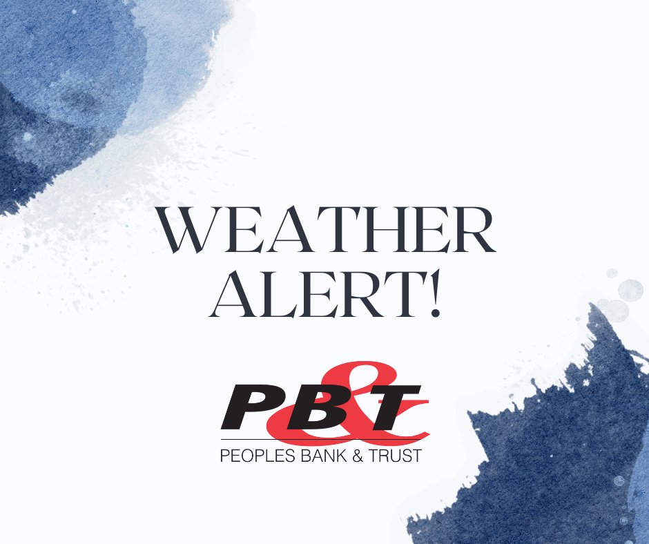 PeopleBankTrust's tweet photo. *****UPDATE*****
For the safety of our customers and employees, @PeopleBankTrust has decided to close all branches for the duration of today, Monday, January 22nd.
We apologize for any inconvenience and thank you for your understanding. https://t.co/CqUKHWviHR