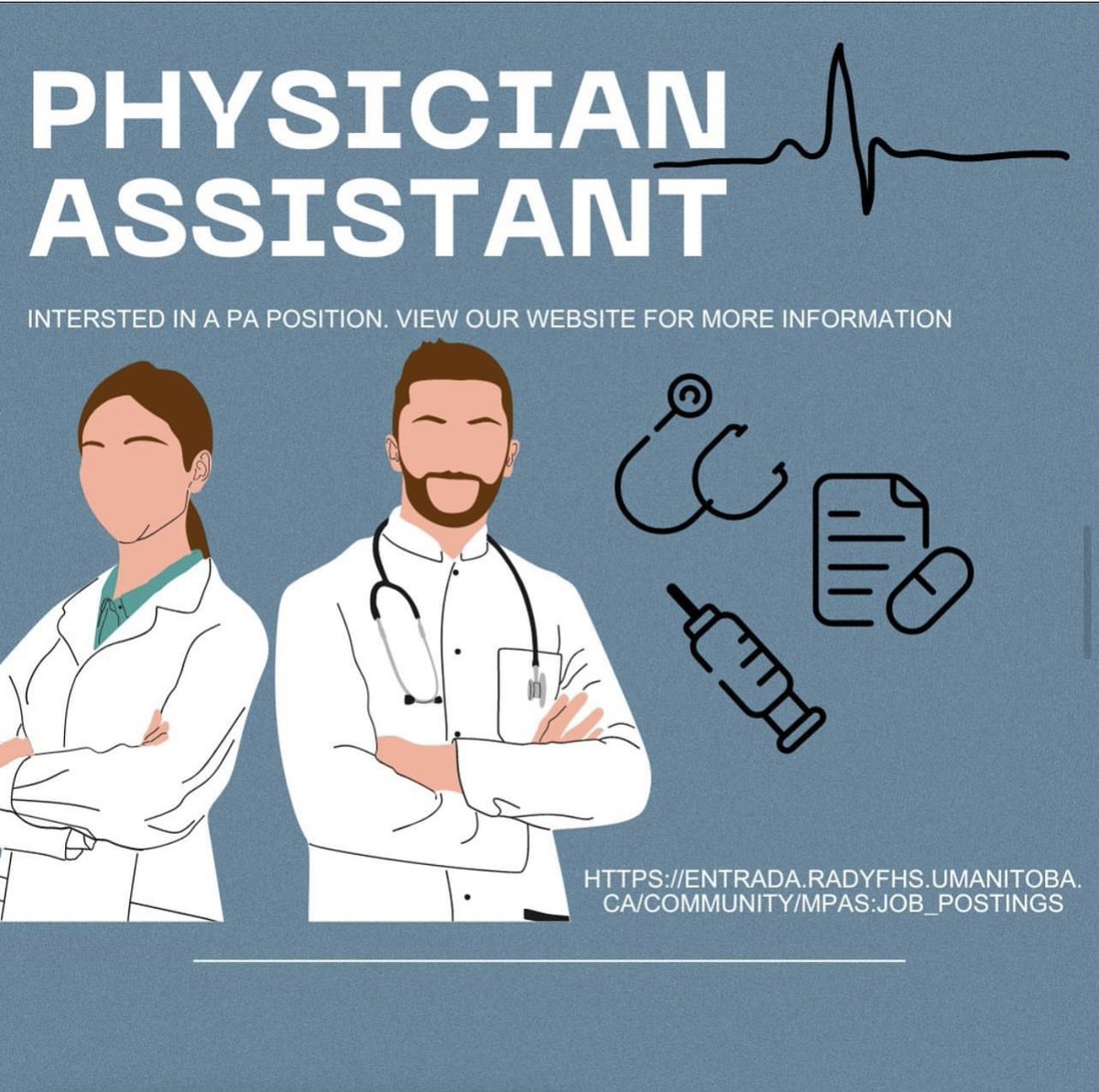 MPAS_UofM's tweet photo. Interested in what Physician Assistant positions are currently available in Manitoba?
Check out our Entrada page! https://t.co/IhYgyfVAax
#MPAS #PhysicianAssistant #CCPA #CanadaNeedsPAs #RFHS #PA #UManitoba #UniversityofManitoba #UofM #Umanitoba https://t.co/hZKWwz0uLJ