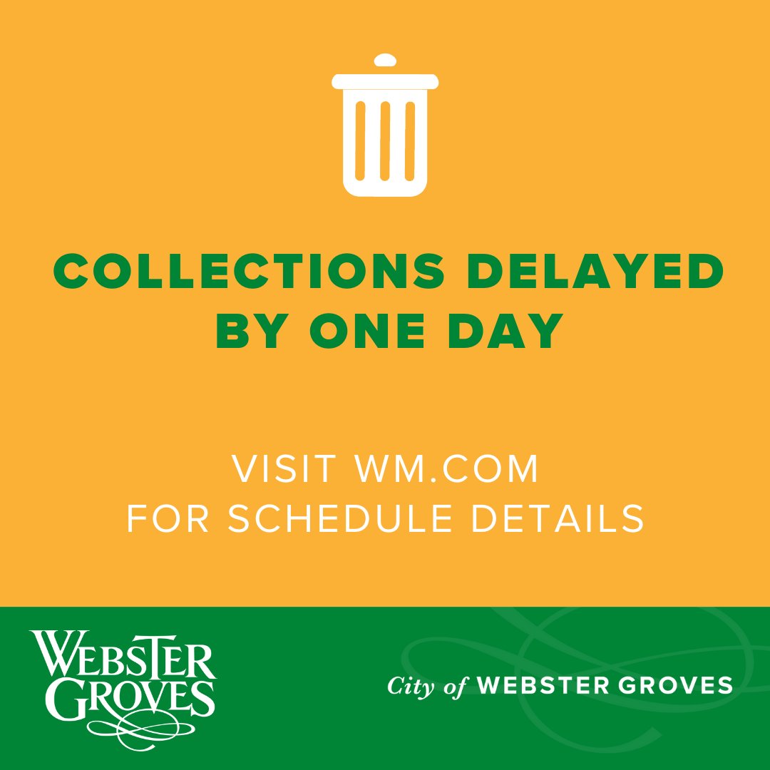 City of Webster Groves (@webstergroves) on Twitter photo Due to the ice, Waste Management will not be running today.  They will run the remainder of the week a day behind. Due to the ice, Waste Management will not be running today.  They will run the remainder of the week a day behind.