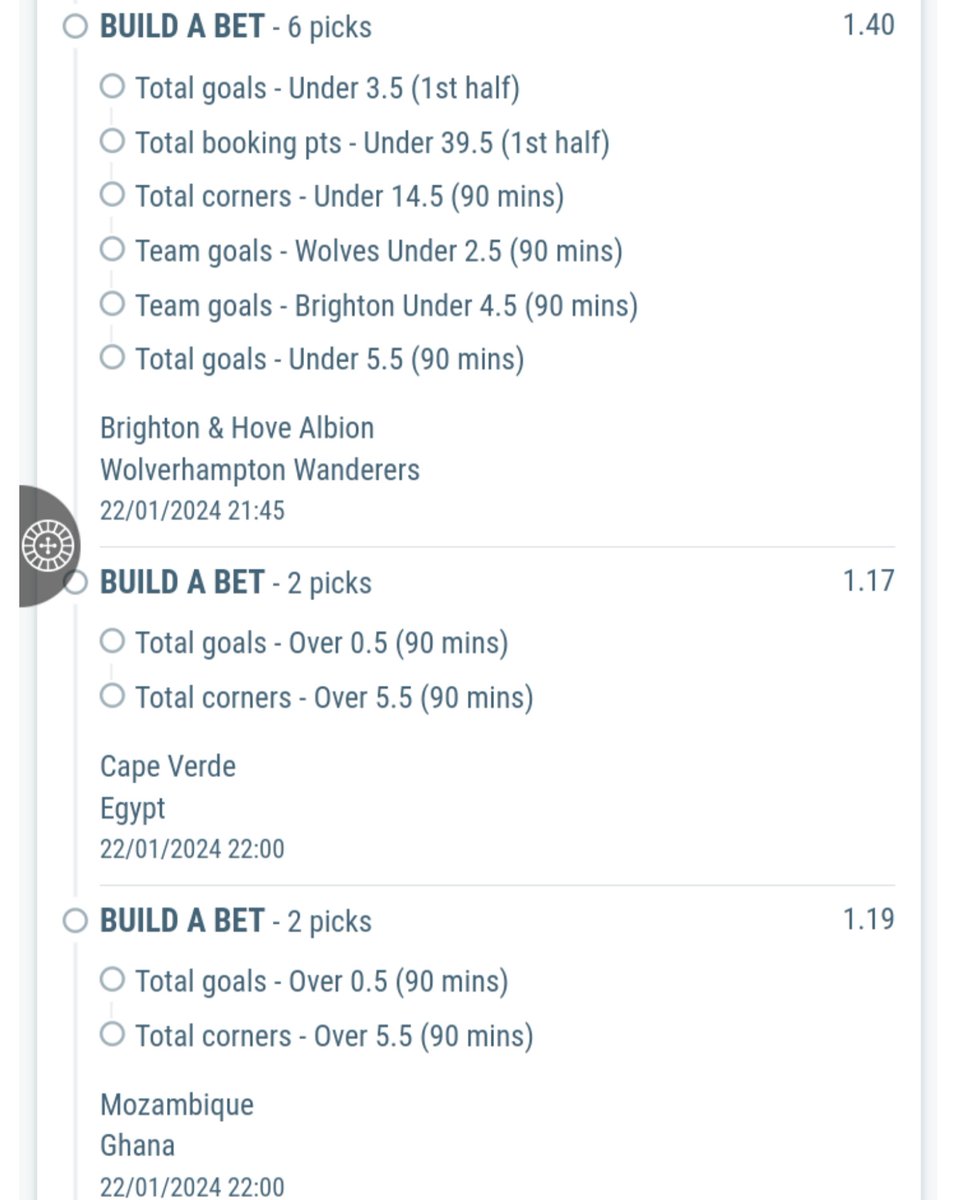 DiskiBaller's tweet photo. Here's my picks for today, usually go for (2H-Over 0.5 / Cnrs Over 4.5) in cup games and not too much else since they are less predictable - AFCON is too allover the place for unders. You got any selections yet? https://t.co/oQkLdcXhQz