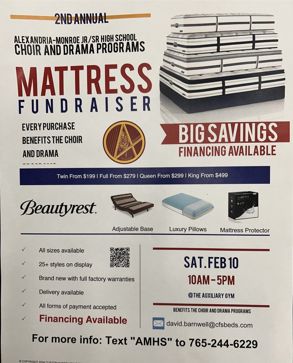 Our 2nd annual mattress sale fundraiser is coming soon!  Great prices on name brand mattresses and bedding accessories.  Come see us!