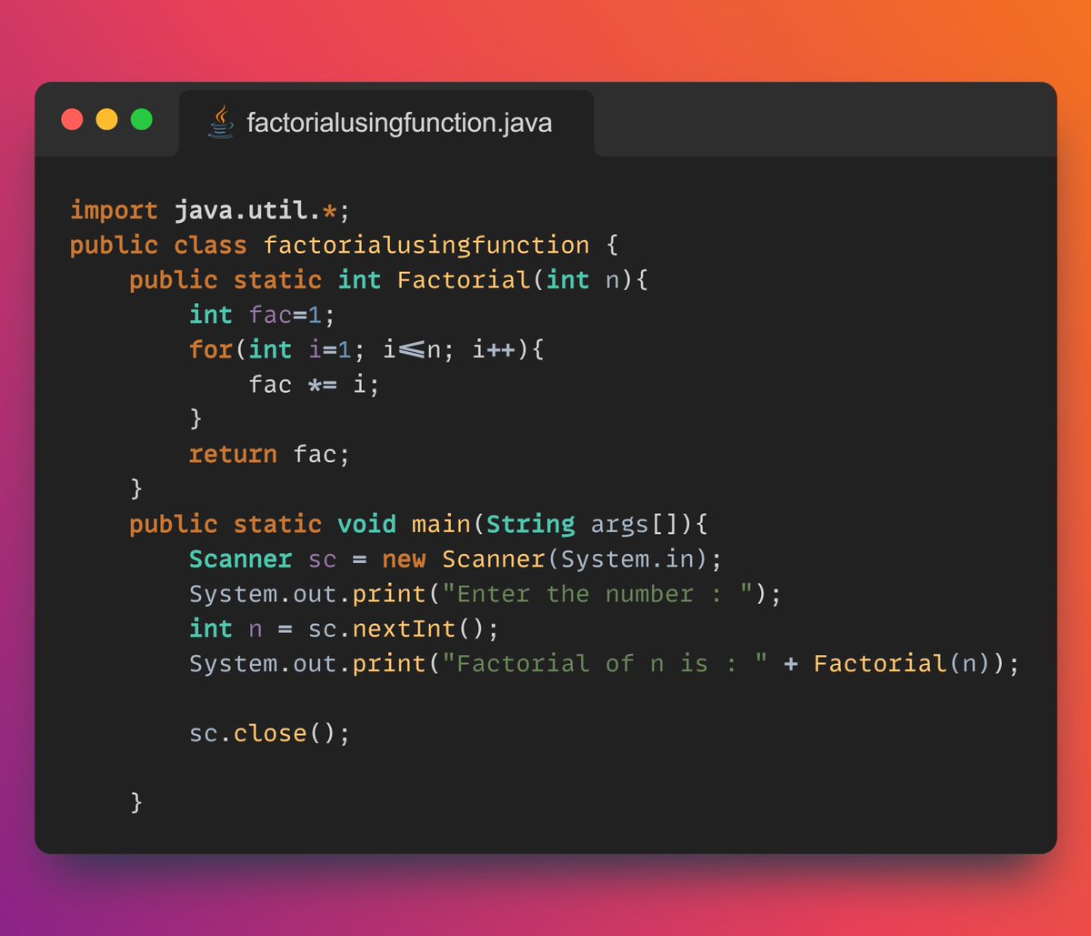 CodieAryan's tweet photo. Day 22: Empowering the code with factorials! Crafted a Java function to find the factorial of a user-entered number, unraveling the beauty of mathematical computation in code. 🔄🔢 #JavaProgramming #FactorialFunction #Day22 #100DaysOfLearning https://t.co/WSfeFksmXe