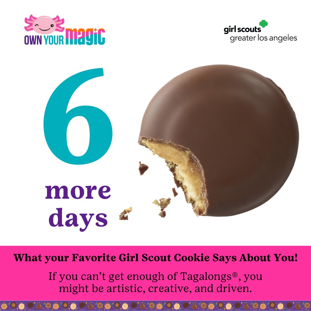 🍫🥜 6 more days to Tagalongs! With that irresistible combo of peanut butter and chocolate, who can resist? #Tagalongs #GirlScoutCookies #CookieCountdown #GSGLA girlscoutsla.org/en/cookies.html