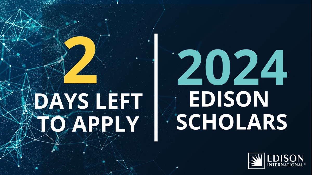 ⏰ The clock is ticking! 🌎 Don't miss out on the chance to win a $50,000 #STEM college scholarship funded by <a href="/edisonintl/">Edison International</a> shareholders along with the opportunity for a paid internship at SCE through the #EdisonScholars Program. 📚💰 Discover more: on.edison.com/2024scholarapp…
