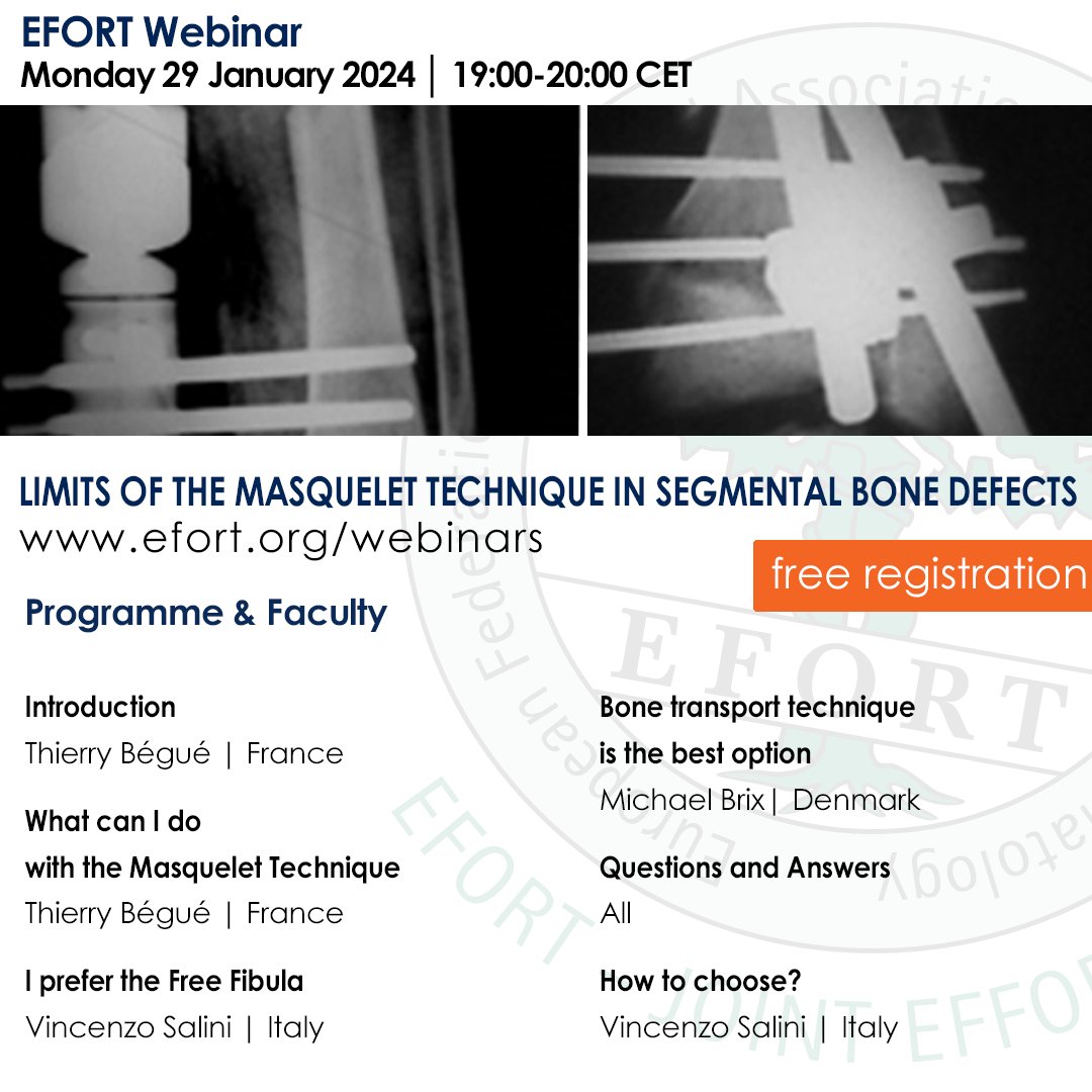 EFORTnet's tweet photo. 🚩 Don’t forget to register for next week’s free EFORT #Webinar on Tibial Plateau #Fractures Management
👉 https://t.co/UE0a6TA6az #masquelet #fibula #bone #bonedefect #bonereconstruction #segmentalbonedefect #orthopaedics #orthopedics #traumasurgery #elearning #webinar https://t.co/vlNbbyoLU3