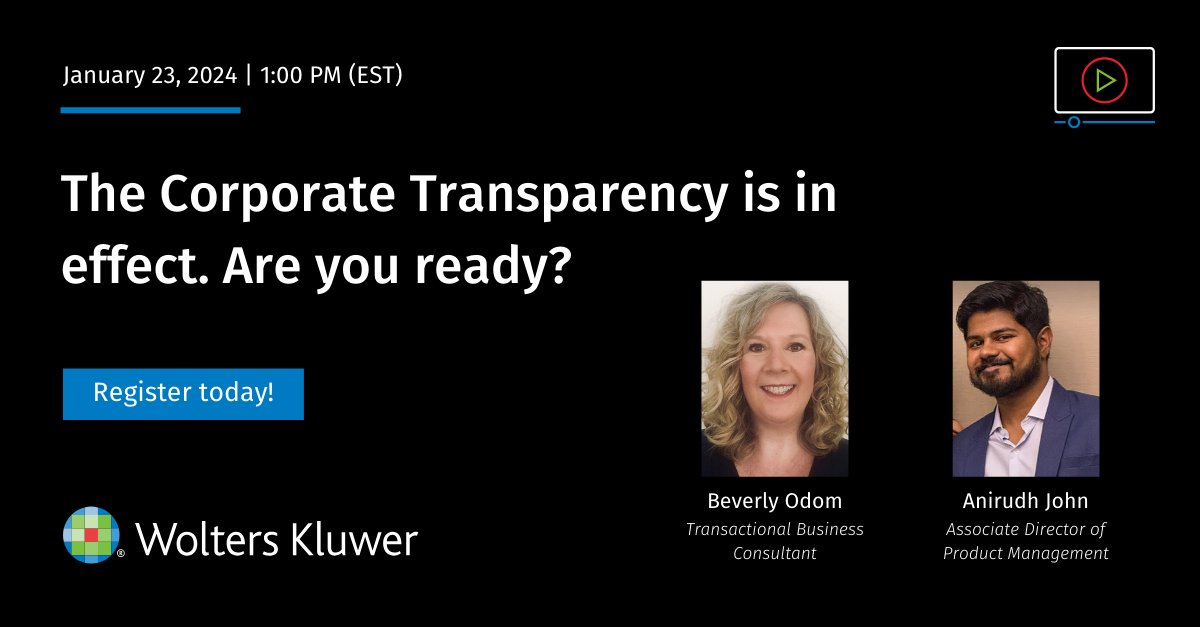 Join this 60-minute webinar to learn about the Corporate Transparency Act, including recent updates, who must file, what information you’ll need to prepare, and key benefits of CT Corporation’s Beneficial Ownership Solutions. ow.ly/NsGI50QlgMV

#CTA #beneficialownership