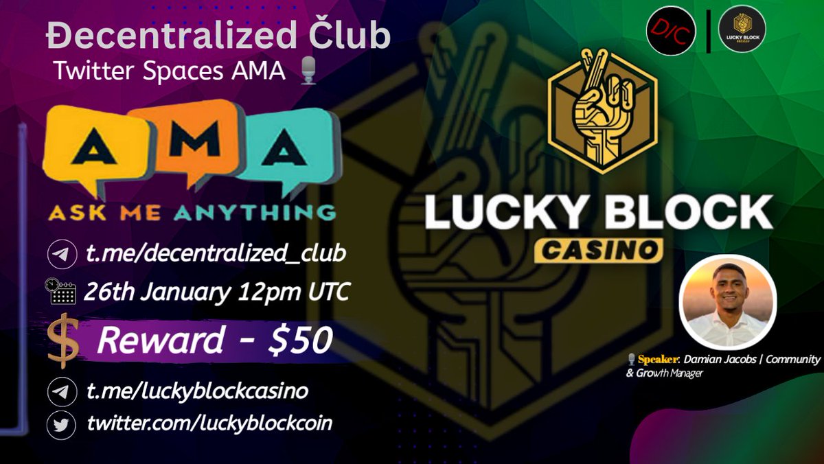 dens_club's tweet photo. DC Presenting a #XSpaces_AMA🎉

📌 Venue : https://t.co/Crd98sHooD
⏰ When : 26th January 12pm UTC 
🤑 Reward : $50

5 winners will get $10 each
Twitter (3) & Live asking (2)

1⃣ Follow @luckyblockcoin
2⃣ Like & RT & Tag 3 Friends 
3⃣ Post your questions.

⏳Tag : The Leading Crypto Casino  | 200% up to $10 000 VIP Bonus | High Bet Limits, Instant Withdrawals.

🚸 Must Join LuckyBlock & DC Telegram & X before the AMA otherwise you wont be chosen as WINNER.

https://t.co/oYrtCx6DNo
https://t.co/UTG7EBNuUo
https://t.co/ME6WlEt3TP

Best of luck 🤞!

#Giveaway #Airdrops #DC #decentralized_club #NFT #NFTs #NFTgiveawas #Giveaways #Airdrop #AMAs #Crypto #web3