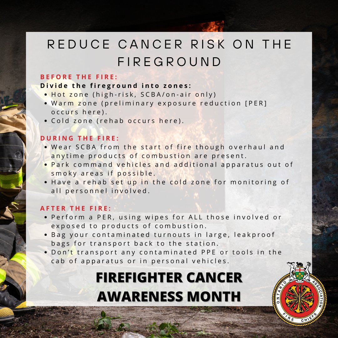 ONFireChiefs's tweet photo. January is Firefighter Cancer Awareness Month

Tips to reduce cancer risk on the fireground. Help spread the word about prevention, early detection, and treatment of cancer.

#firesafety #lifesafety #publicsafety #fireservice #ontario #ONsafety #FirefighterCancerAwarenessMonth https://t.co/WHc05T14YX