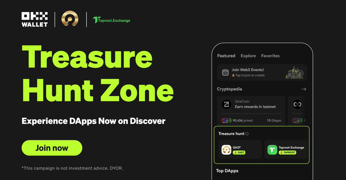 wallet's tweet photo. 🎉 Don't miss out on the #OKXWallet Treasure Hunt!

🔍 Discover @TaprootExchange @gast_btc for a shot at winning $TAPROOT and $GAST.

🕵️‍♀️ Join now on the #OKXApp Discover Zone or via the link:
https://t.co/5fkvNcT4Wx https://t.co/Zaq94dXIeV