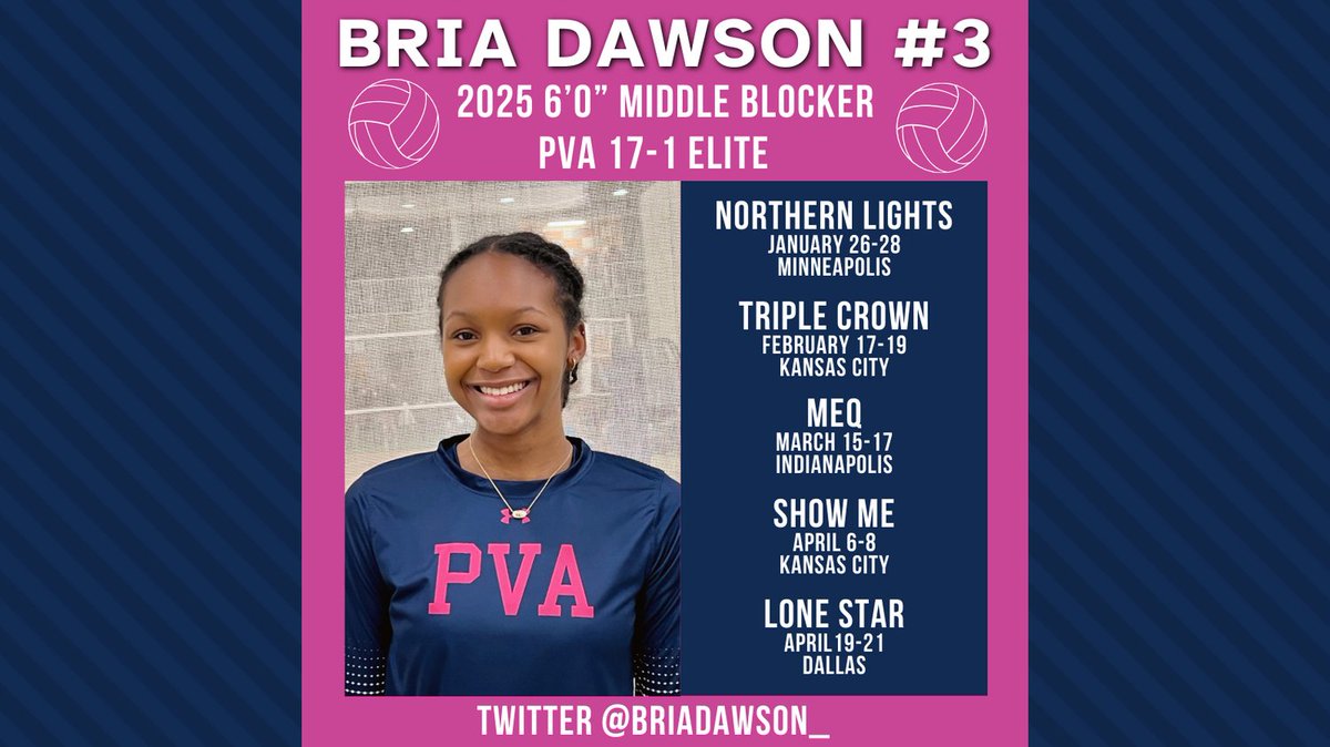 BriaDawson_'s tweet photo. π @PVAvball 17-1 Elite Tournament Schedule π©·ππ
Club @usavolleyball Season has officially begun!
Come check us out at @NLqualifier @TCVolleyball @NikeMEQ #ShowMeQualifier @LoneStarClassic
#BABriaπ₯ #BallOutπ #LetTheFunBeginπ₯³ #LetsGo ππ½ https://t.co/Qhar9C4Afz