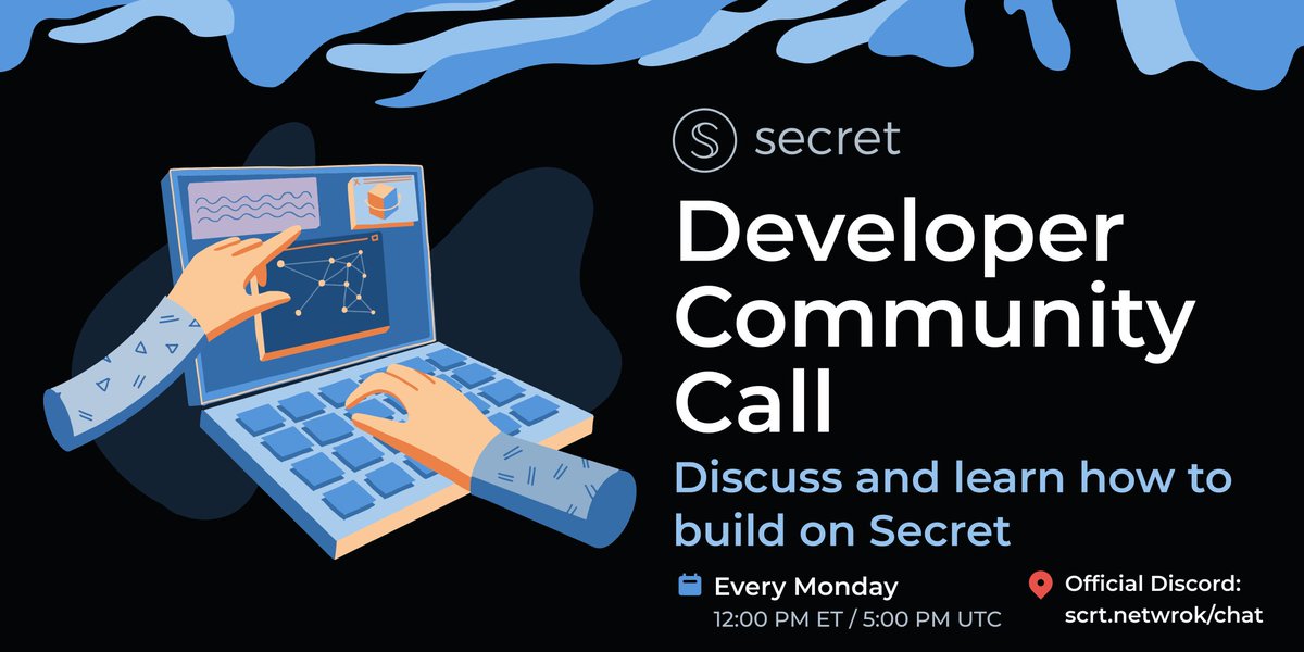 SecretNetwork's tweet photo. Are you building on Secret Network or want to add #PrivacyAsAService to empower your dApp, but are unsure about your next step?

Join the Dev Community Call, starting in 1 hour!

Dev Community meets every Monday at 5PM UTC

Join at https://t.co/BxvNLbjPjj https://t.co/Ml5RYGVG66
