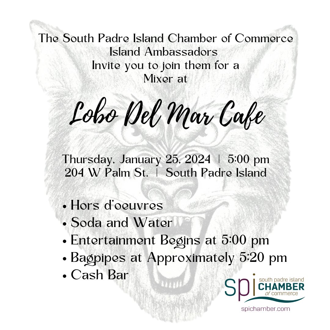SpiChamber's tweet photo. Mark you calendar and join us at the Lobo Del Mar Mixer!  

#spichamber #KeepItLocalSPI #ChamberStrong #SmallBusiness #EatLocal #ShopLocal #PlayLocal #ReferLocal #HireLocal #SouthPadreIsland #SPI #PortIsabelTX #LagunaVista https://t.co/Dex2i85Trt