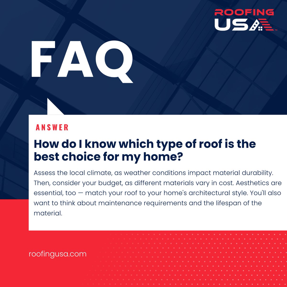 roofingusallc's tweet photo. Navigating roof choices? 🏡✨ Dive into this FAQ to unravel the mystery of finding the perfect roof for your home. Discover expert insights, tips, and personalized guidance to ensure your choice not only fits but enhances the beauty and resilience of your cherished space. https://t.co/3LJumvCNnv