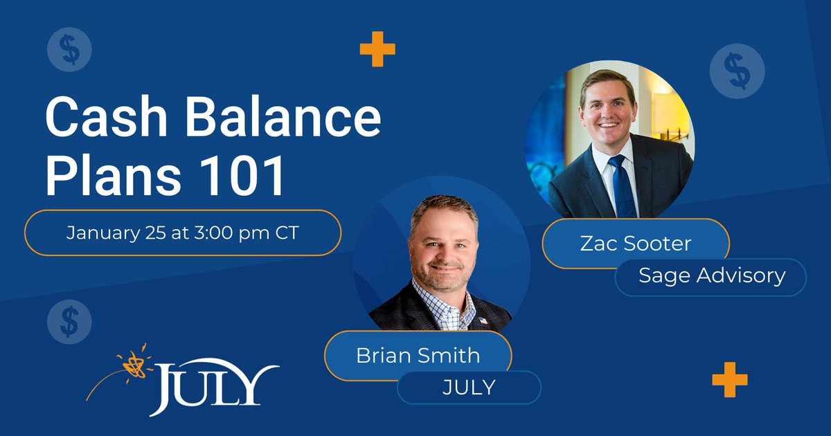 Cash balance plans offer unique advantages for both employers and employees. Learn more by joining JULY and Sage Advisory for Cash Balance Plans 101 this Thursday,  January 25 at 3:00 pm CT! #webinar #cashbalance #financialadvisor 
hubs.li/Q02hbmW60