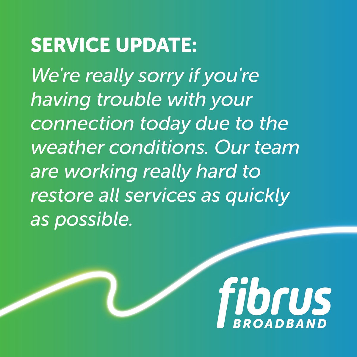 The storm is causing more trouble than we expected, so please bear with us. Our team are working really hard to restore all services as quickly as possible. We've sent a direct SMS to those affected and we'll update you once everything's back to normal.

Thanks for understanding!