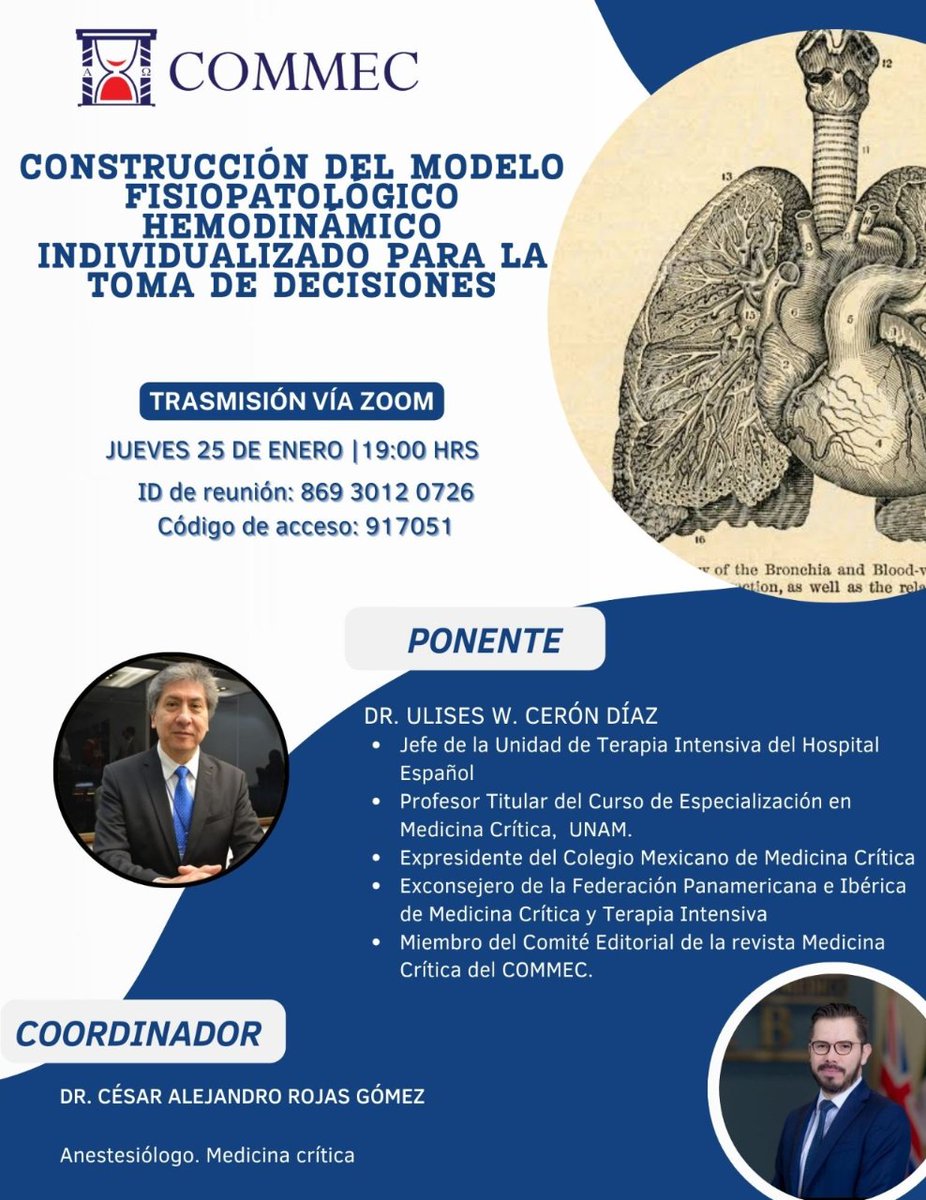 📢 Les presentamos nuestra Sesión Mensual COMMEC "Construcción del modelo fisiopatológico hemodinámico individualizado para la toma de decisiones"

📆 25 de Enero 2024 
⏰ 07:00 p. m.

Pronto más información