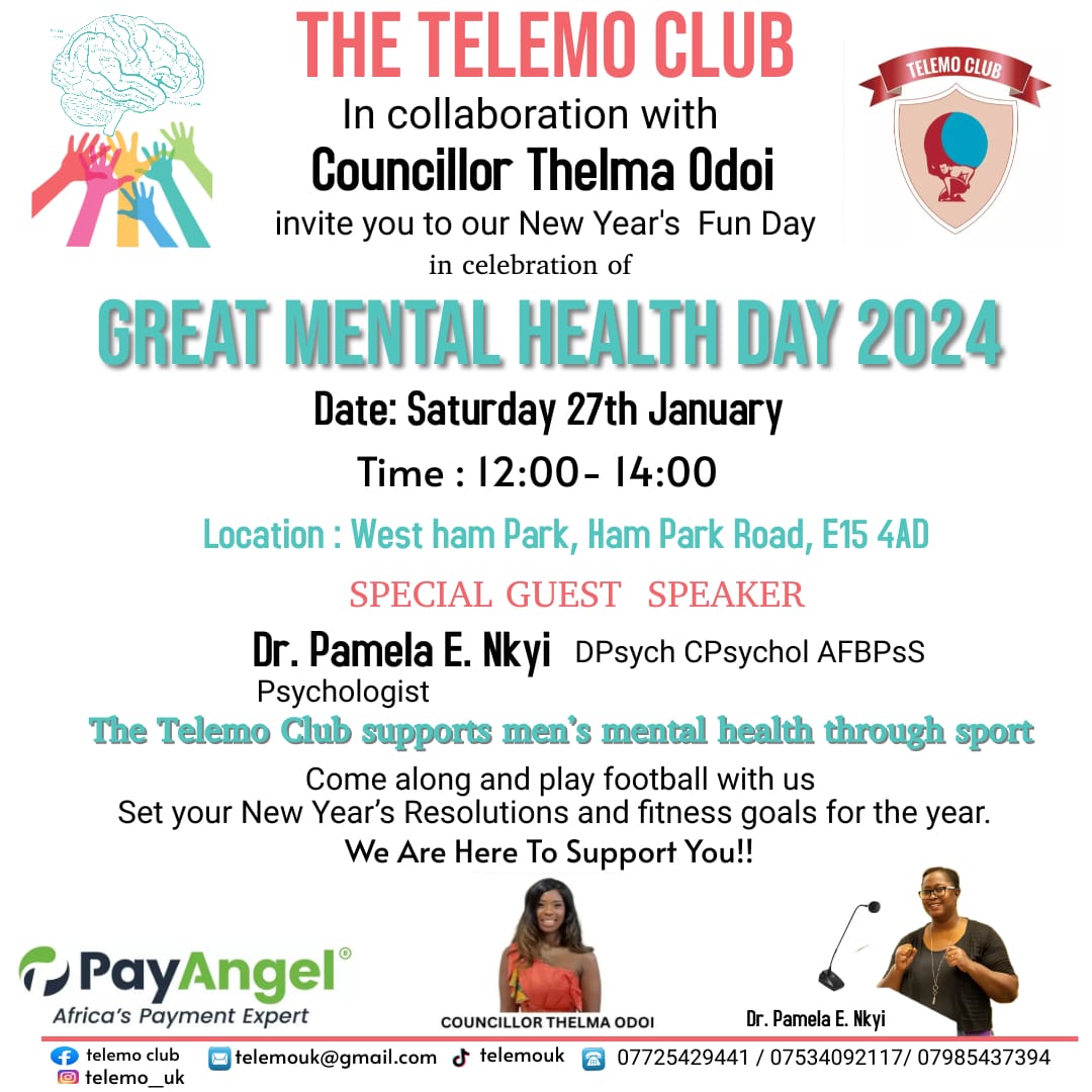 This Saturday, play football with the Telemo Club, in celebrate of Great Mental Health Day 2024. The guest speaker, Dr Pamela Nkyi, is an experienced psychologist who will help attendees set goals towards better mental health. Telemo Club aids men's mental health through sport.