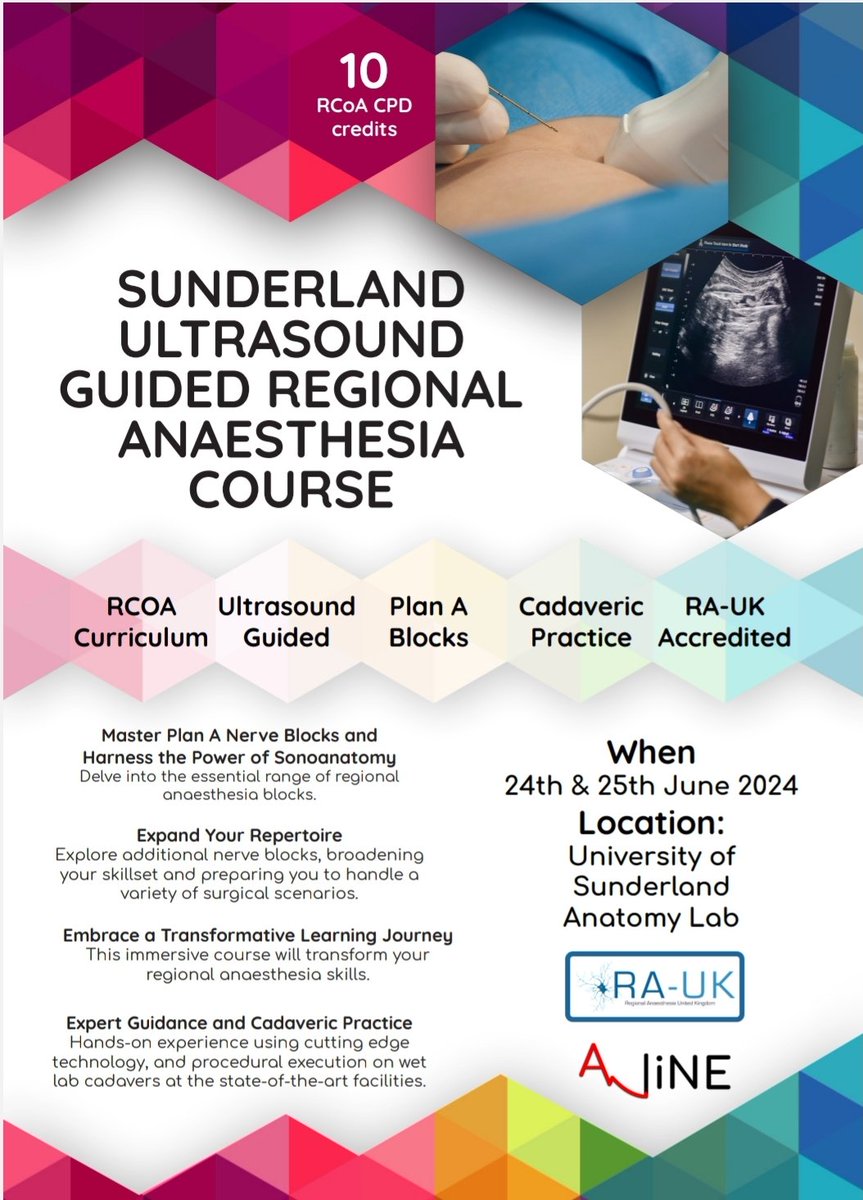 Level up your regional nerve blocks game! Join our epic course: - world class faculty - cutting edge technology - practice on cadavers - state-of-the-art Sunderland anatomy lab @RegionalAnaesUK accredited @RCoANews CPD applied 💷 £180 only! a-line.org.uk/events/sunderl…