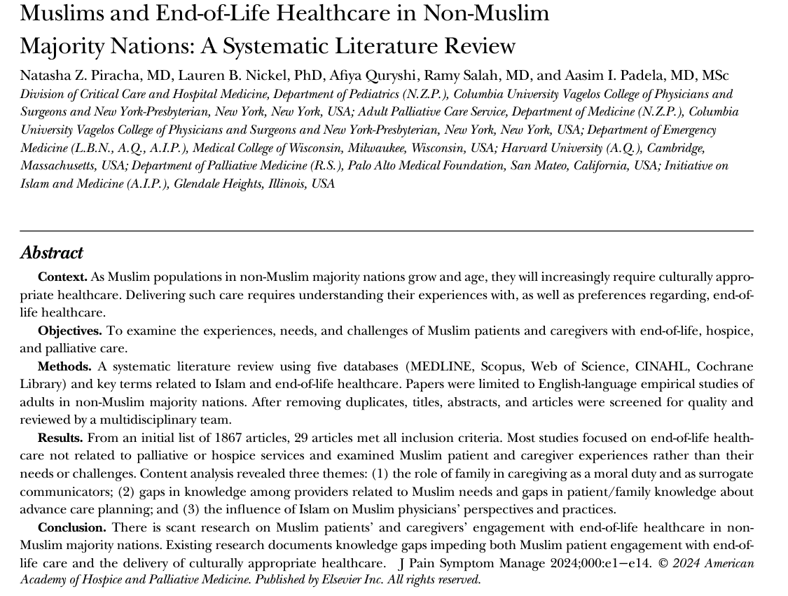 What do we know about #Muslim experiences/needs/values in #endoflife #palliative #hospice #healthcare ? Our lit review notes research is scant & knowledge gaps hamstring quality care delivery. congrats to the team including @RamySalahMD @JPSMjournal doi.org/10.1016/j.jpai…