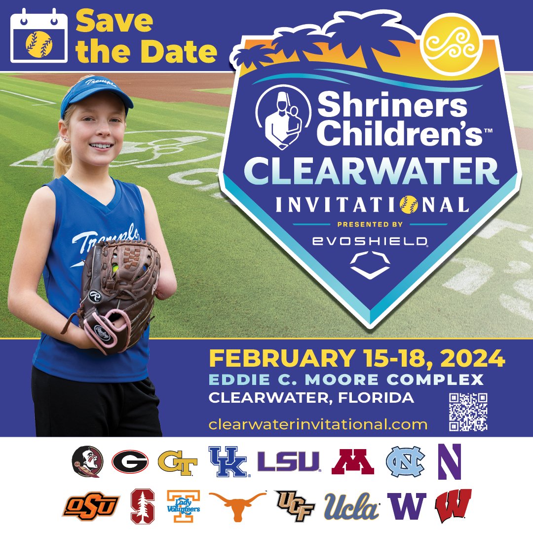 The Shriners Children’s Clearwater Invitational, presented by @EvoShield, is less than a month away. Have you penciled Feb. 15-18 in on your calendar yet? If not, it's time to #SaveTheDate! ⚾️ Visit clearwaterinvitational.com to learn more! @ClearwaterInv @shrinershosp @ESPNEvents