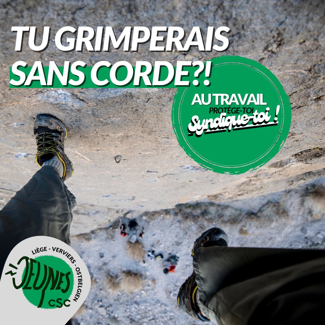 😱 Tu ne ferais jamais d'escalade sans corde, pas vrai ?! 🤔 Alors pourquoi travailler sans être syndiqué•e ?! 🤩 Si tu as moins de 25 ans, tu peux bénéficier de tous leurs services pour seulement 11€/mois pendant un an. Plus d’infos ici : tr.ee/yMgboH40xC