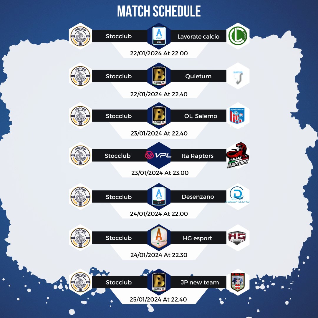 Stocclub Esports (@stocclubesports) on Twitter photo ecco i match di questa settimana! 🔱FORZA STOCCLUB📷
<a href="/FVPA_net/">FVPA.net 🇮🇹</a>
<a href="/VPGItaly/">VPG Italy 🇮🇹</a>
<a href="/VPLItaly/">VPL Italy 🇮🇹</a>
@BTWNenSports ecco i match di questa settimana! 🔱FORZA STOCCLUB📷
<a href="/FVPA_net/">FVPA.net 🇮🇹</a>
<a href="/VPGItaly/">VPG Italy 🇮🇹</a>
<a href="/VPLItaly/">VPL Italy 🇮🇹</a>
@BTWNenSports