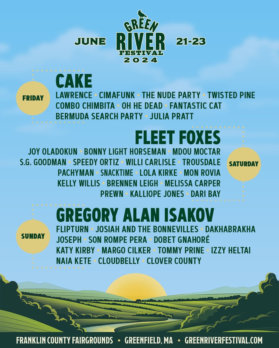 The full #GreenRiverFest2024 lineup is here! 🎉 We are SO EXCITED to kick off the summer with these amazing artists and YOU! 3-Day Passes are available now at greenriverfestival.com. Single/2-Day Passes + Camping (RV and Tent), Parking, and VIP Add-Ons on sale Friday at 10am