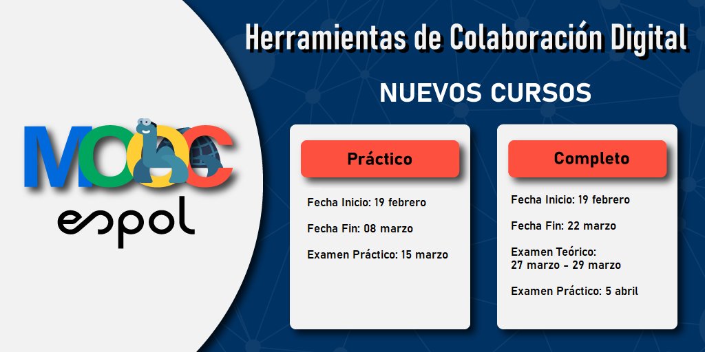 mooc_espol's tweet photo. ¡Estamos por iniciar el curso #MOOCHCD para estudiantes de @espol y @AdmisionesESPOL !🧑‍💻Recuerda revisar las fechas importantes para que no se te pase el tiempo📧 https://t.co/wBwl8m5ivs