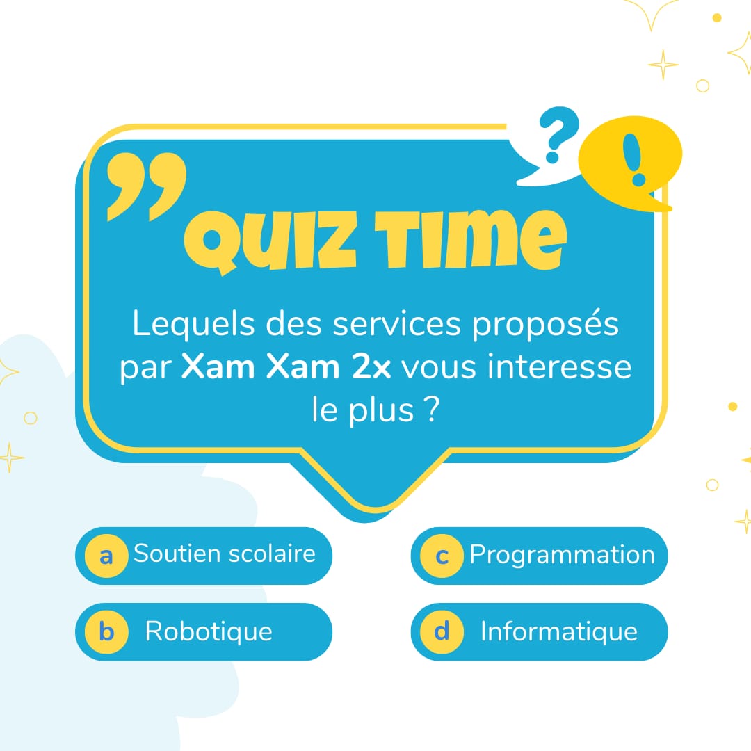 2x_xamxam's tweet image. Salut la team ! 🌟 

Vous aimez les énigmes ?

Alors, devinez quoi ? 🤔 
On a un super quiz time sur les services de Xam Xam ! 

Dites-nous en commentaire quel service vous fait vibrer le plus avec Xam Xam et partagez 
🚀
#xamxam2x #quiz #service