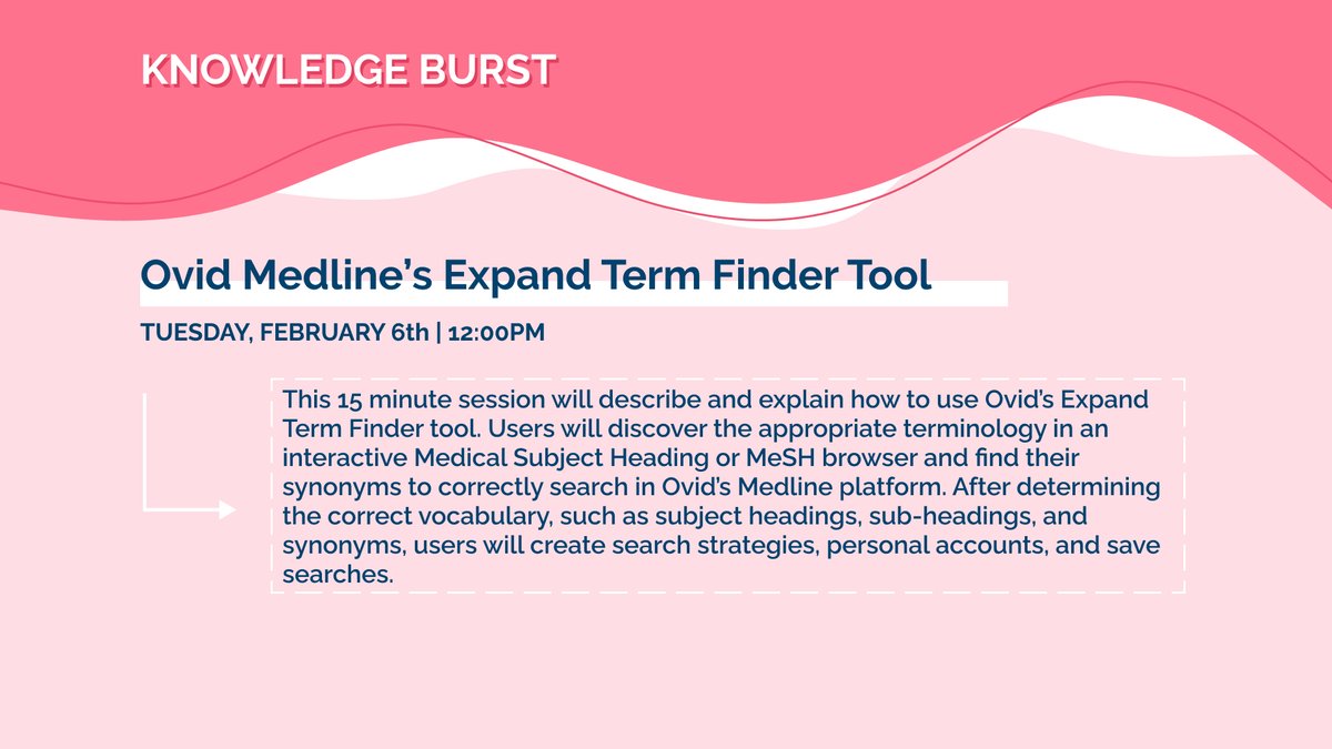 Please join #BrighamBEI for a 'Knowledge Burst: Ovid Medline’s Expand Term Finder Tool' session with Medical Librarian @susan_warthman on Tues, 2/6/2024, 12:00 PM - 12:15 PM! #MedEd #MedTwitter @BrighamResearch @ovid_wkhealth Register: bit.ly/ovid-feb-2024
