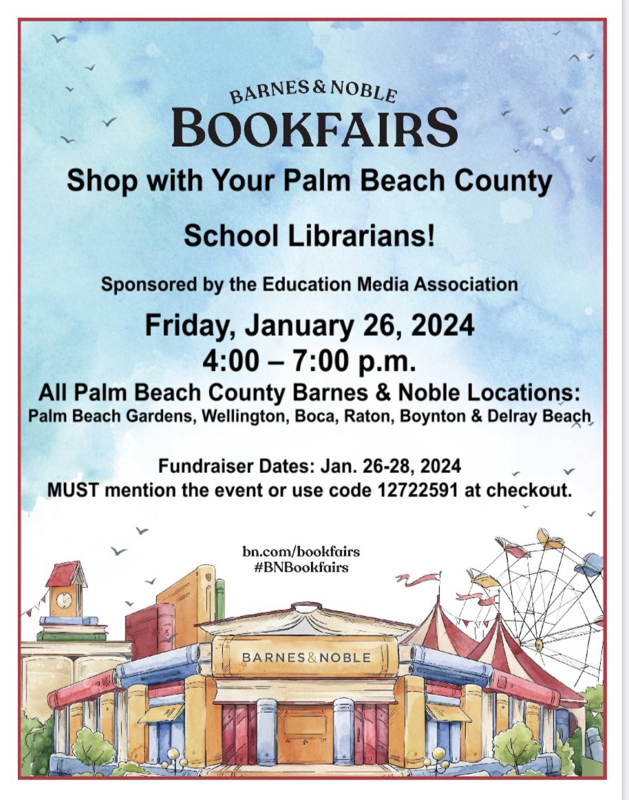 Happy Literacy Week! Come shop with your @pbcsd School Librarians on Friday, January 26th 4-7 PM at ALL Palm Beach County Barnes & Noble locations! We look forward to seeing you there! @BNBuzz #lovemylibraryPBCSD @ssunshne @NoRowEdu @LibraryCurrent