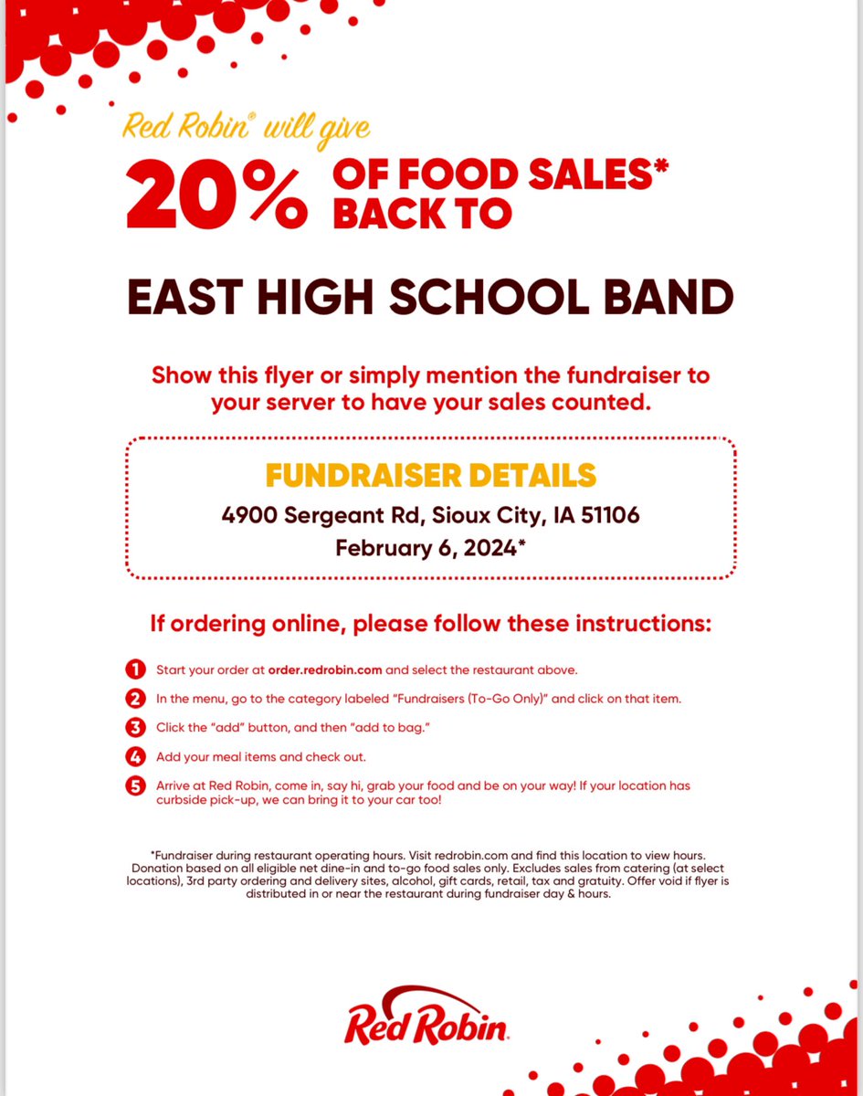 ehsbands's tweet image. Looking for a way to support the East High Band program? We have a Red Robin night on February 6th. Stop in any time during business hours, order food and show them this flyer. The band will receive 20% of sales when this flyer is presented.