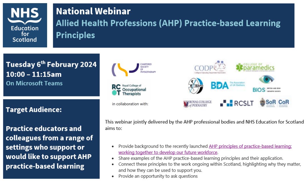 1️⃣ week to go!! Please come along and find out about the AHP Principles of Practice based learning! Find out more about supporting #PrBL. Register here events.teams.microsoft.com/event/b7237f29…