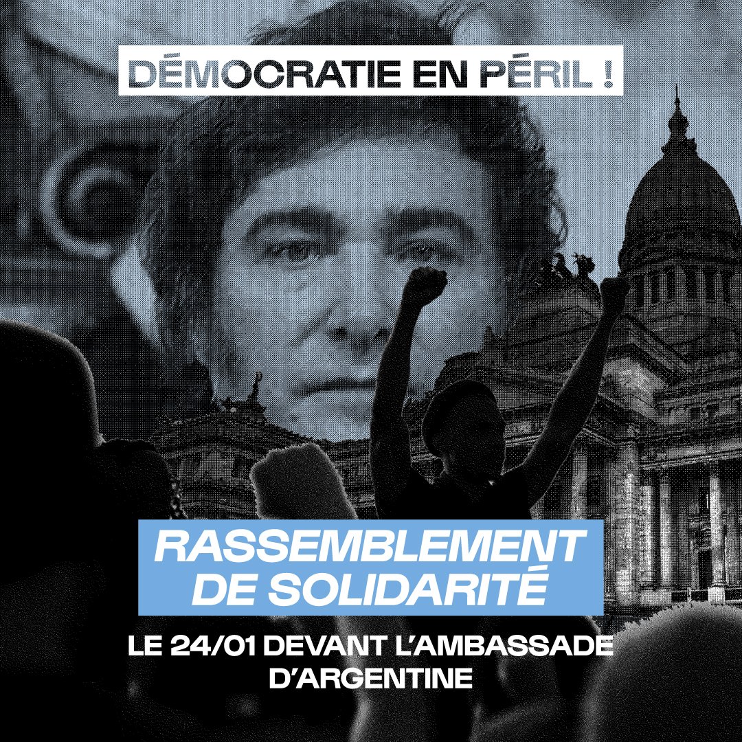 lacgtcommunique's tweet photo. 🇦🇷 En Argentine, la démocratie en péril !

Javier Milei déroule déjà sa politique populiste d’extrême-droite, faisant peser de lourds dangers sur la démocratie et sur les droits fondamentaux des Argentin·es.

✊ Rassemblement devant l’ambassade d’Argentine le 24/01 à 18h00 https://t.co/cTzXpFhxll