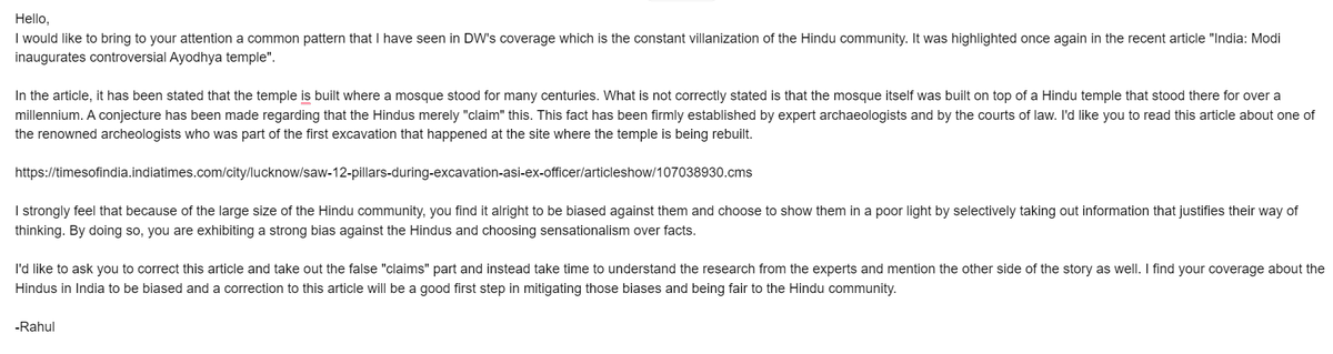 rahynot's tweet photo. @dwnews your coverage of the inaugural of the Ram temple in Ayodhya by @narendramodi is biased against the Hindu community. It omits the facts stated by archaeological researchers.

Here is an article by @timesofindia stating the info that was omitted.
https://t.co/qLVGV9sm6f https://t.co/QJNsxpDNgR