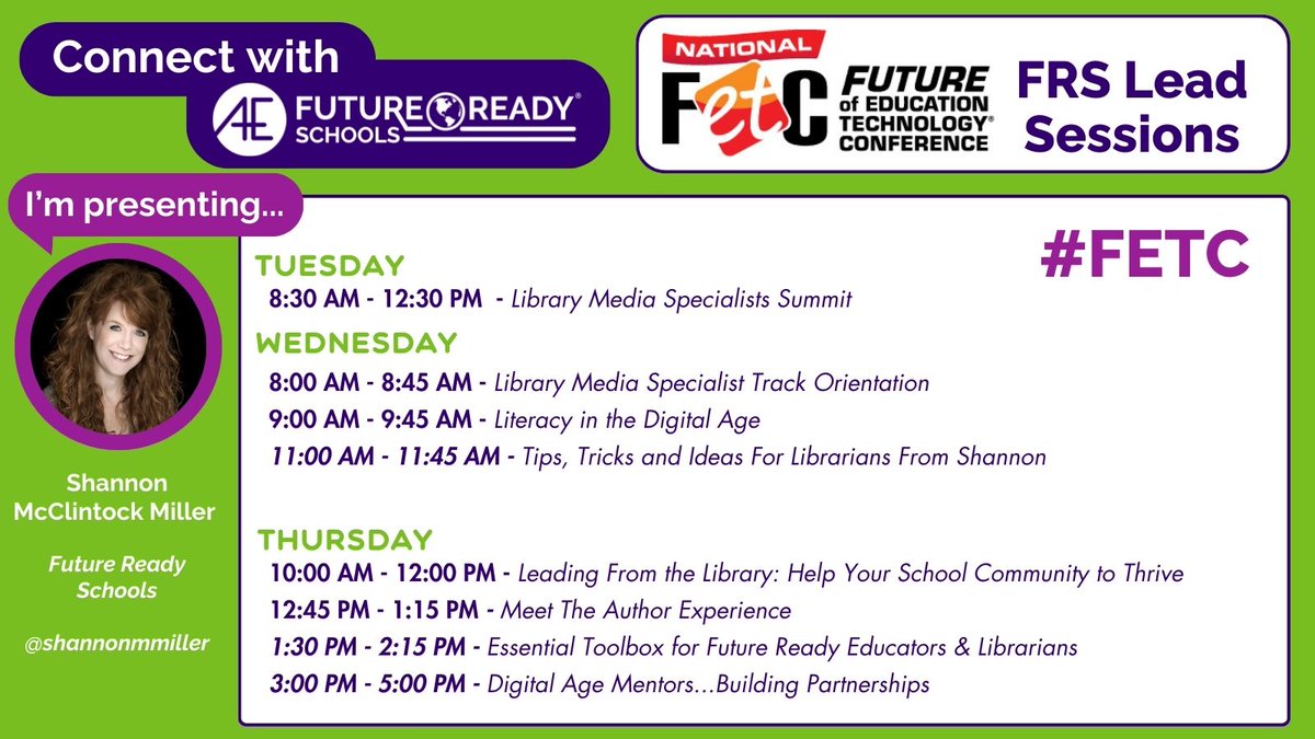 Future Ready (@futureready) on Twitter photo <a href="/fetc/">FETC</a> starts TOMORROW! 🚨👋
Join #futureready Jan 23-26 at FETC! We would love to see you at our sessions.
Check out the images to find us, <a href="/shannonmmiller/">Shannon McClintock Miller</a>, <a href="/thomascmurray/">Thomas C. Murray</a>, and <a href="/AskAdam3/">Adam A. Phyall, III Ed.D 🤙🏾</a>!
We can't wait to see you there! 💜 💚 <a href="/fetc/">FETC</a> starts TOMORROW! 🚨👋
Join #futureready Jan 23-26 at FETC! We would love to see you at our sessions.
Check out the images to find us, <a href="/shannonmmiller/">Shannon McClintock Miller</a>, <a href="/thomascmurray/">Thomas C. Murray</a>, and <a href="/AskAdam3/">Adam A. Phyall, III Ed.D 🤙🏾</a>!
We can't wait to see you there! 💜 💚