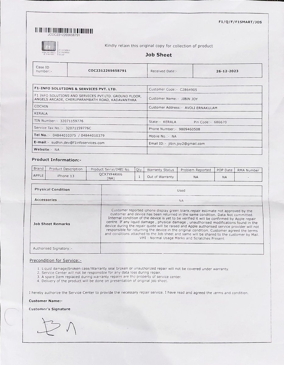 jibinavoly's tweet photo. @Apple @tim_cook @appleindia15 @AppleiPhone131 This issue happened on the 25th of December 2023. I promptly contacted Apple customer care and visited the authorized service center on the 26th, providing them with the necessary details and authorizing the investigation of my case under Case ID: 102185161959.
@AppleSupport https://t.co/xMrm4lbsoJ