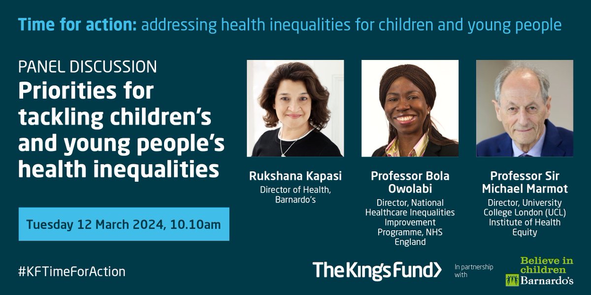 How can the health and care system adapt to deliver meaningful change for children and young people? Join our event in partnership with @barnardos to explore the priorities for tackling children and young people’s health inequalities. #KFTimeForAction kingsfund.org.uk/events/time-fo…