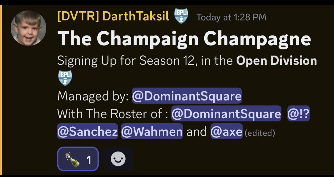 Massive announcement❗️

Joining the Champaign Champagne 🍾 for the Slapshot Premier League Open Division with <a href="/DominantSquare/">DominantSquare</a> <a href="/MooMooMlk_CA/">Cow</a> <a href="/Santi_Robles15/">Santi</a> and <a href="/SuperWahmen/">bert</a> 

Will be riding the bench with my 8 hours of gametime but blessed to be on the team 🙏🙏