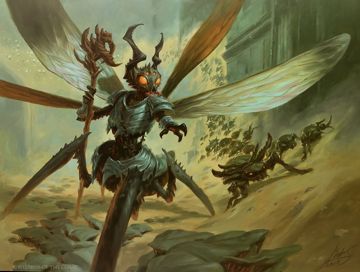 "Amzu Swarm's Hunger" for MtG's upcoming Murders at Karlov Manor set.
40 x 50 cm, oils on wooden board,
A.D. Forrest Schehl
© Wizards of the Coast
The original painting will be up for auction soon on the MtG Art Market..