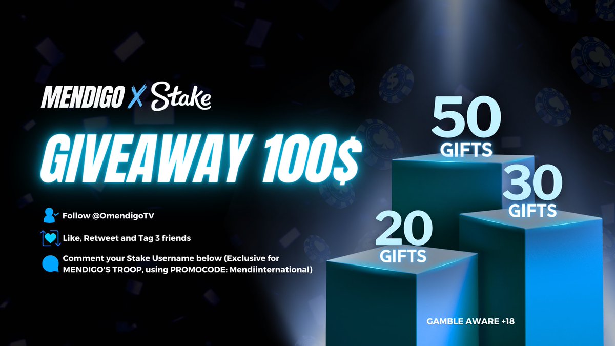 📥 NEW WEEKLY GIVEAWAY #9 📥

100$ Giveaway to 3 <a href="/Stake/">Stake.com</a> users!

🎁 Prize Pool 🎁

1st place > 50 GIFTS
2nd place > 30 GIFTS
3rd place > 20 GIFTS

The winners will be selected randomly through a online draft! 

⬇️CONDITIONS⬇️

1️⃣ Follow <a href="/OmendigoTV/">OMendigoTV</a> 
2️⃣ Like, Retweet &amp; Tag 3