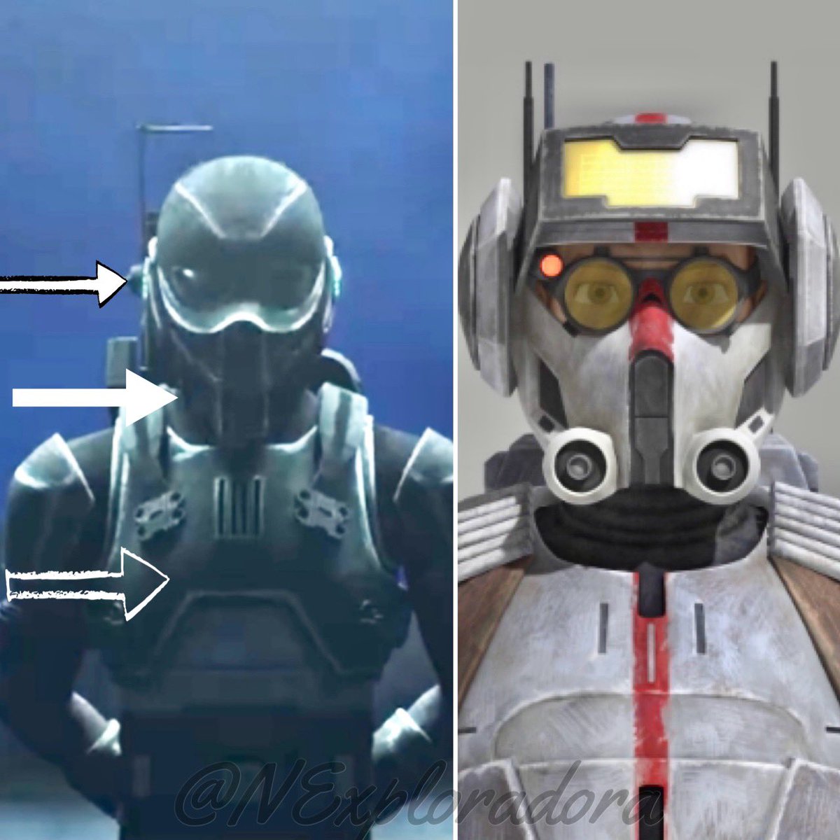 NExploradora's tweet photo. Y’all I’m convinced this is Tech. Look at the helmet and chest armor. There looks to be a cerebral implant on the side of his head as well. Then, as @itsartcrawl said in his post.. that looks like Pabu’s Archium he’s standing in front of. He’s hunting them! #thebadbatch https://t.co/nMRwdtRyWj