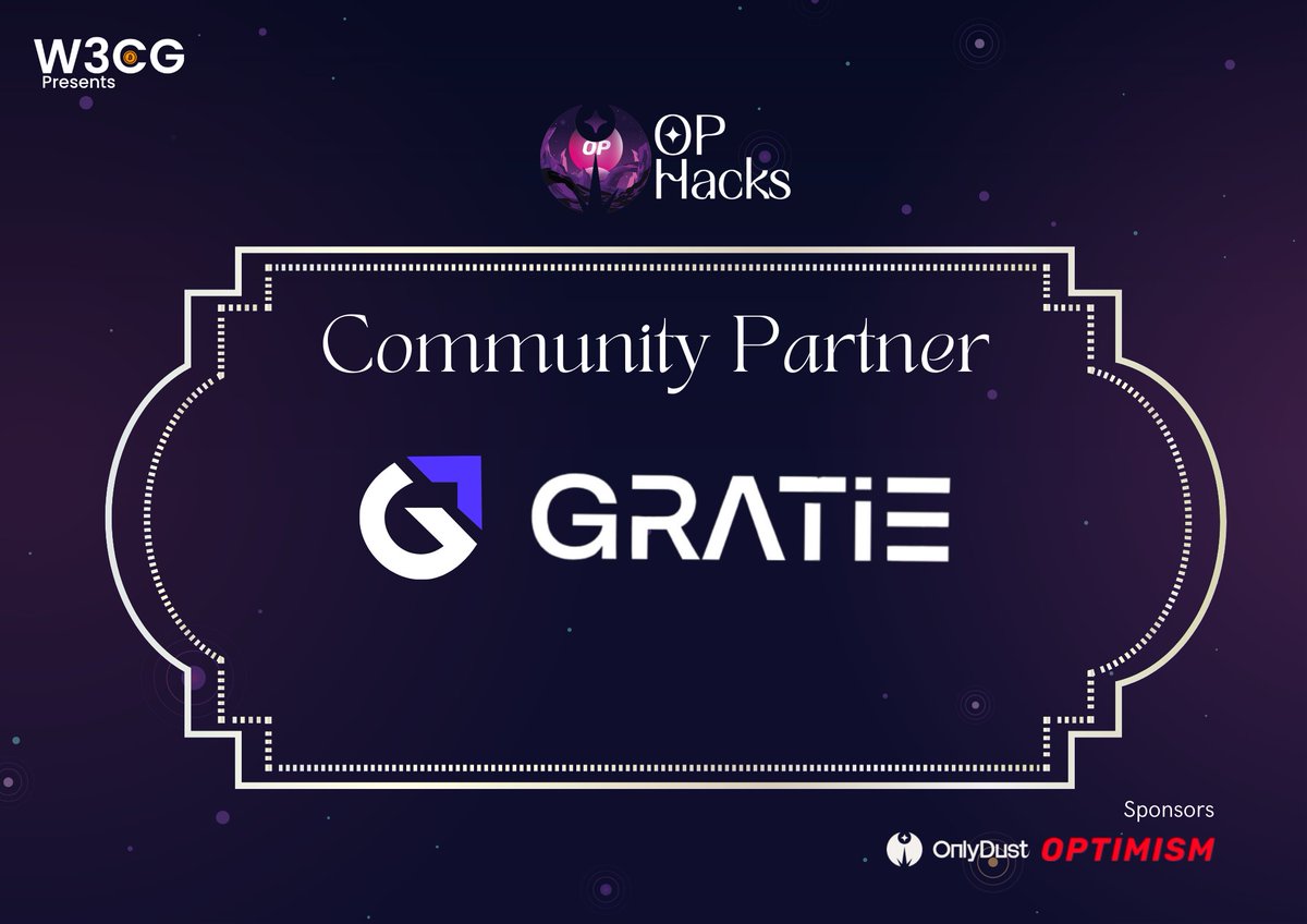 Thrilled to announce <a href="/GratieProtocol/">Gratie</a> as a Community Partner for OPHacks!🙌          
 
Register:🔗lu.ma/OPHacks 

#OPHacks = <a href="/Optimism/">Optimism</a> X <a href="/OnlyDust_xyz/">🐶, 🐶</a>