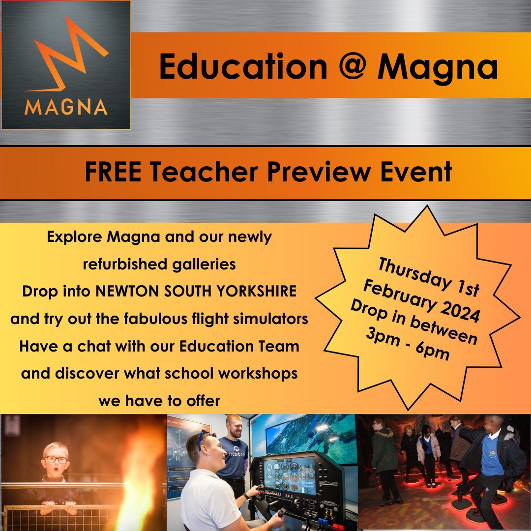 FREE TEACHER PREVIEW EVENT! 👨‍🏫 
Thursday 1st February 3pm-6pm
This exclusive event provides educators with the opportunity to explore and engage with Magna’s exhibits, resources, and educational programmes.
See how we can help you plan your next school trip to Magna! 
#VisitMagna