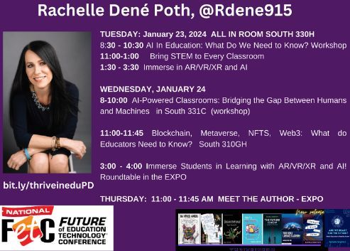 Are you headed to @FETC conference? Hope to see you there! Here are my sessions where I am talking about #AI, #AR #VR #STEM #metaverse & more! #education #edtech #FETC @isteofficial @EduMatchbooks